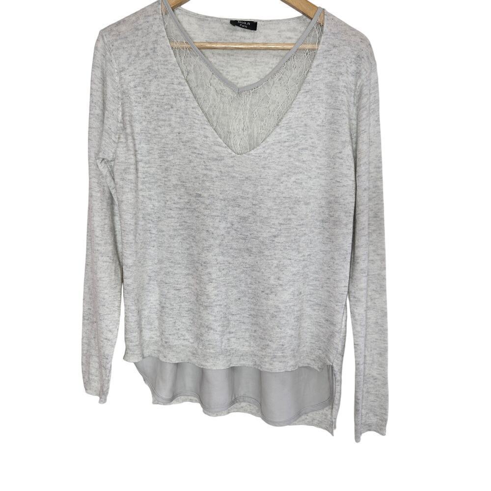 Noa.n Paris V-Neck Wool Blend Sweater Lace Inlay Lightweight Quiet Luxury French